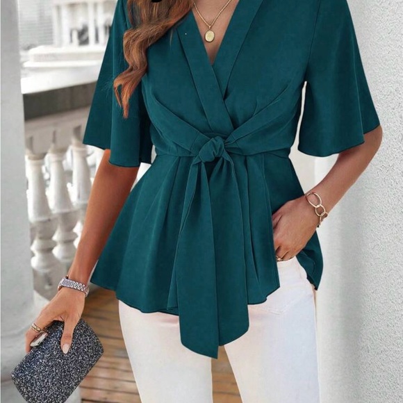 SHEIN Deep Teal Wrap Blouse - Picture 1 of 4